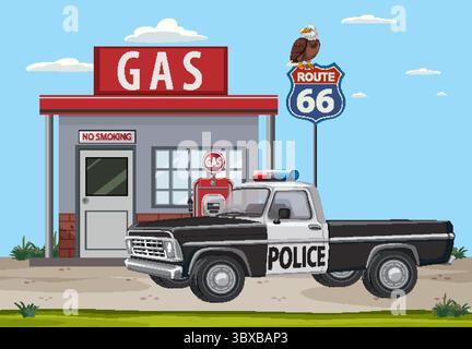 Vector illustration of a vintage gas station and police truck on Route 66, featuring vibrant colors and classic Americana style Stock Vector