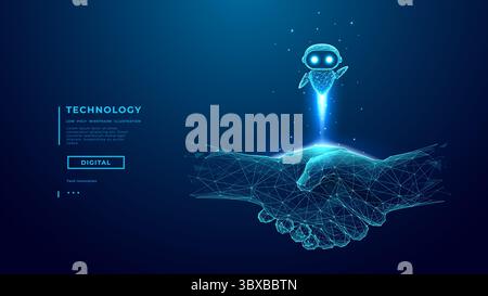 AI Robot Fly Over Digital Handshake on Technology Blue Background. Stock Vector