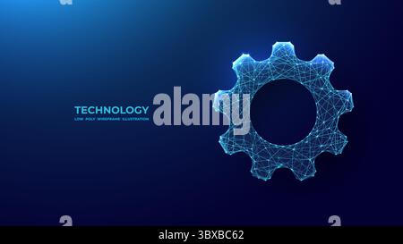 Abstract Technology Gear in Digital Low Poly Blue Wireframe Style. Stock Vector