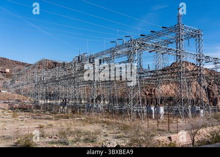 January 5, 2020, Nevada, United States: An electrical substation or switchyard for transmitting power from the nearby Hoover Dam to the electrical power grid. (Credit Image: © Jon G. Fuller/VW Pics via ZUMA Press Wire) Stock Photo