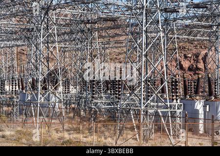 January 5, 2020, Nevada, United States: An electrical substation or switchyard for transmitting power from the nearby Hoover Dam to the electrical power grid. (Credit Image: © Jon G. Fuller/VW Pics via ZUMA Press Wire) Stock Photo