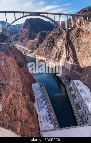 January 5, 2020, Nevada, United States: The powerhouse generating station at the base of Hoover Dam with the Mike Oâ€™Callaghan-Pat Tillman Memorial Bridge over the Colorado River. (Credit Image: © Jon G. Fuller/VW Pics via ZUMA Press Wire) Stock Photo