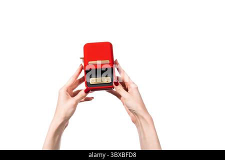 Small red printer for printing labels isolated on white background. Stock Photo