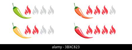Spice level vector labels with chili pepper icons for hot sauce packaging restaurant menu or food product design showing heat scale from mild to extra Stock Vector