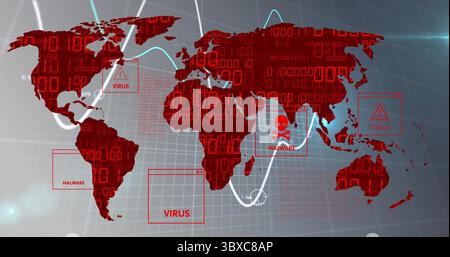 Displaying security panel tracking malware with red world map, data overlays and warning callouts Stock Photo