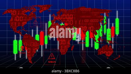 Displaying red world map with candlestick bars and binary digits on blue grid, with RISKS icon Stock Photo