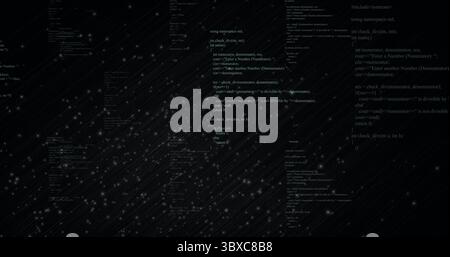 Displaying vertical C++ code blocks showing include directives on digital interface, with starfield Stock Photo