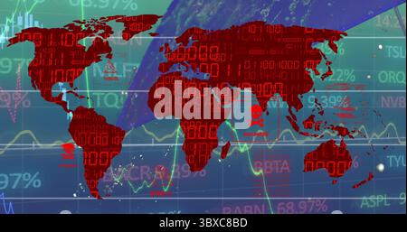 Displaying red world map silhouette in trading screen, with binary streams, skulls and stock ticker Stock Photo