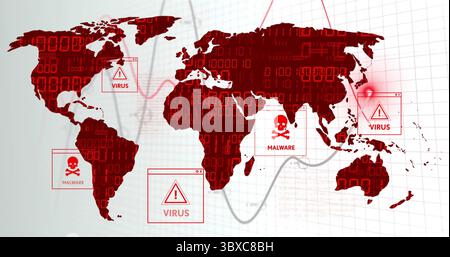 Displaying red global map in cybersecurity UI, with binary code, line charts, virus or malware alert Stock Photo