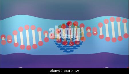Running DNA helix across ribbon gradient, featuring circular emblem with sun canoe waves paddles Stock Photo