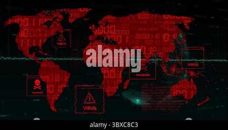Displaying red world map highlighting malware and virus alerts on dark screen, with binary overlay Stock Photo