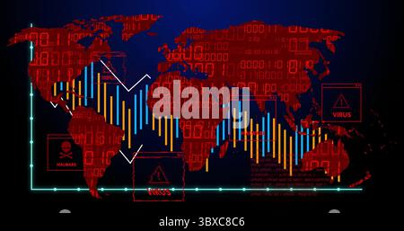 Red world map streaming binary code in dashboard, with bar charts, cyan axes, malware, virus alerts Stock Photo