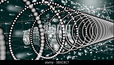Gliding wireframe car traveling through green digital tunnel with glowing rings and light particles Stock Photo