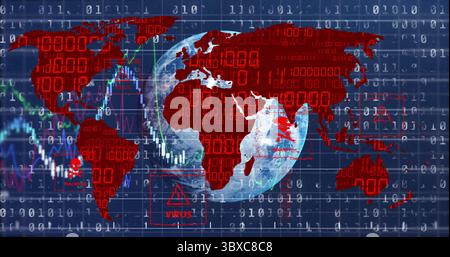 Displaying red world map overlaying globe in data panel, with financial charts and VIRUS warnings Stock Photo