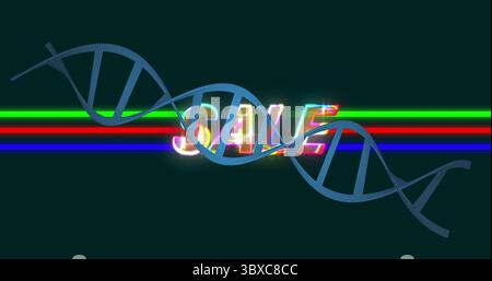 Showcasing blue 3D DNA double helix floating on dark background, with neon stripes and SALE text Stock Photo