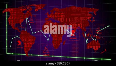 Displaying red binary world map tracing green line with nodes on purple grid, showing virus icons Stock Photo