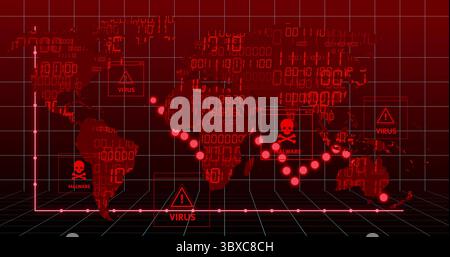 Displaying red world map tracing malware, virus markers on 3D grid network with binary code overlay Stock Photo