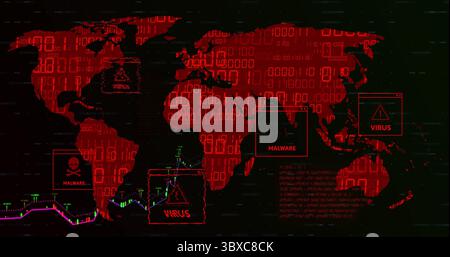 displaying red world map tracking malware virus threats on computer dashboard, with binary overlay Stock Photo