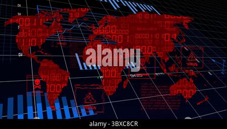 Displaying red world map floating on cybersecurity interface, with malware icons and binary code Stock Photo