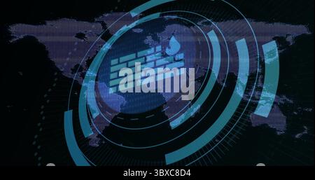 Overlaying central firewall symbol on dashboard interface, with world map, HUD and binary code Stock Photo