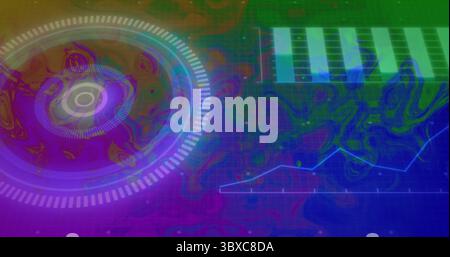 Displaying circular chart with bar chart, line graph and grid overlay on neon interface Stock Photo