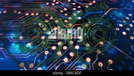 Showing concentric UI elements with segmented rings in digital interface with glowing circuitry Stock Photo