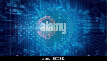Floating digital dollar sign hologram over virtual circuit board with grid overlay and data nodes Stock Photo
