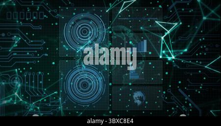 Displaying five data panels in virtual control panel, with glowing network nodes and circuit traces Stock Photo