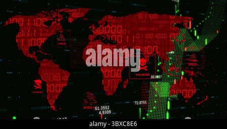 Displaying red world map at security screen, streaming binary code with green arrows, malware icon Stock Photo