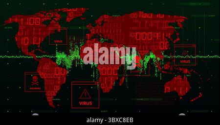 Showing red world map on security dashboard, with green waveform and popup virus or malware warnings Stock Photo