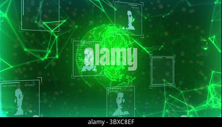 Displaying glowing wireframe Earth globe in cyberspace, with neon-green network lines, data frames Stock Photo