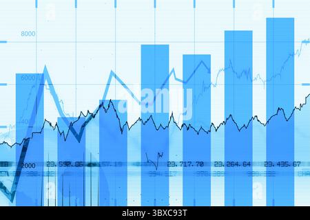 Flat design data chart is showing semi-transparent blue bars and two trend lines on grid backdrop Stock Photo