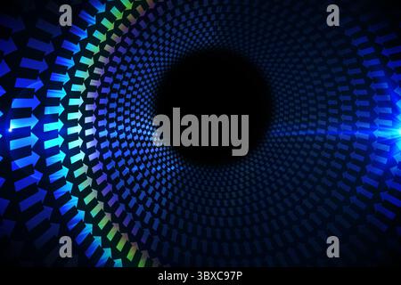 3D render is showing concentric arrows forming glowing blue-green tunnel into black void with flare Stock Photo