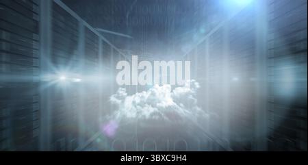 Holographic cloud is floating inside 3D render data center corridor with server racks, binary code Stock Photo