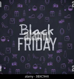 Chalkboard-style graphic showing Black Friday chalk lettering with repeating purple shopping icons Stock Photo