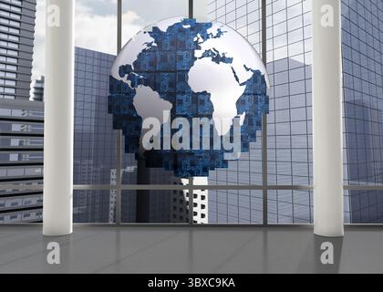 Digital globe floating in room Stock Photo