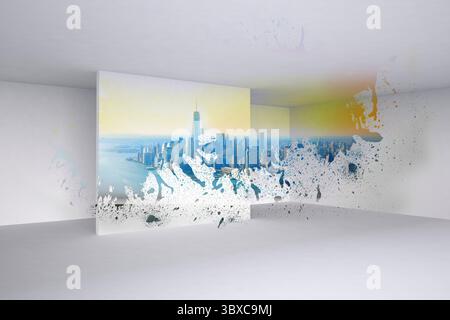 Flat design gallery showing clear panel featuring skyline, paint splatters extending on white walls Stock Photo