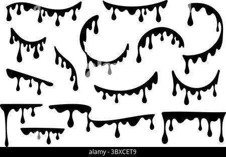 Drips of paint. Vector black liquid splashes on white background. Silhouettes of fluid blobs of sauce caramel and slime isolated on white background Stock Vector