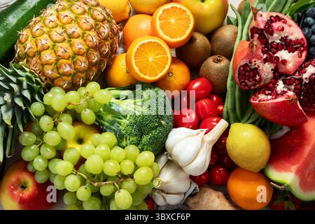 Various of healthy fresh vegetables and fruits. Healthy food for diet. Vegan food concept Stock Photo