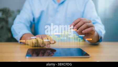 Growth in business performance visualized through a holographic bar graph from a tablet, showing a person analyzing digital data, symbolizing finance, Stock Photo