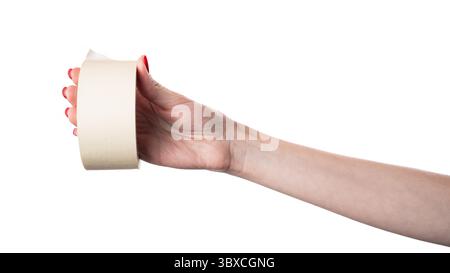 Roll of adhesive tape in hand isolated on white background. Stock Photo