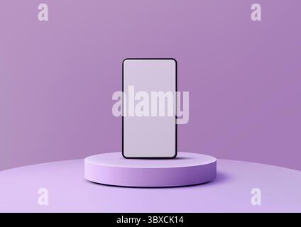 black smartphone mockup stands upright on a purple podium in a minimal showroom scene, perfect for showcasing mobile apps or tech products in clean fu Stock Vector