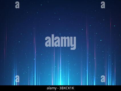 Dark blue digital technology background featuring vertical neon light rays in red and blue, scattered particles, and a glowing effect, ideal for futur Stock Vector