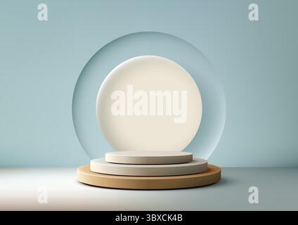 3D product display featuring beige circular platforms on a gold base with a translucent circle frame, set in a blue scene, ideal for branding, mockups Stock Vector