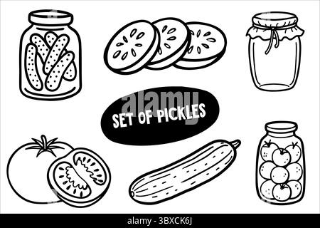 Set of vintage hand drawn pickled vegetables and whole fresh produce Stock Vector