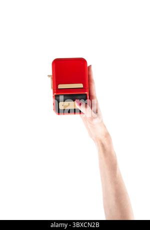 Small red printer for printing labels isolated on white background. Stock Photo