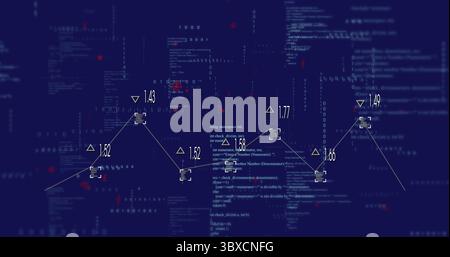 Displaying graph overlaying binary code on interface, connecting triangular markers and data boxes Stock Photo