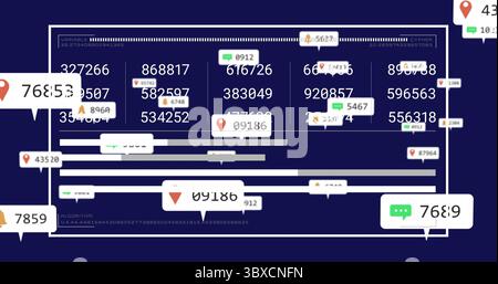 Displaying white-outlined panel on dashboard, with map pin icons, algorithm text and progress bars Stock Photo