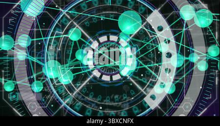 Displaying central circular hub projecting data in virtual cyberspace, with light beams and spheres Stock Photo