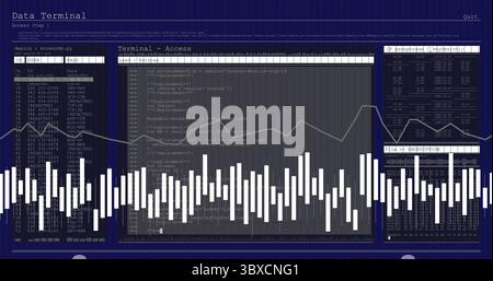 Displaying waveform overlay analyzing data in console, with login terminal and code windows Stock Photo